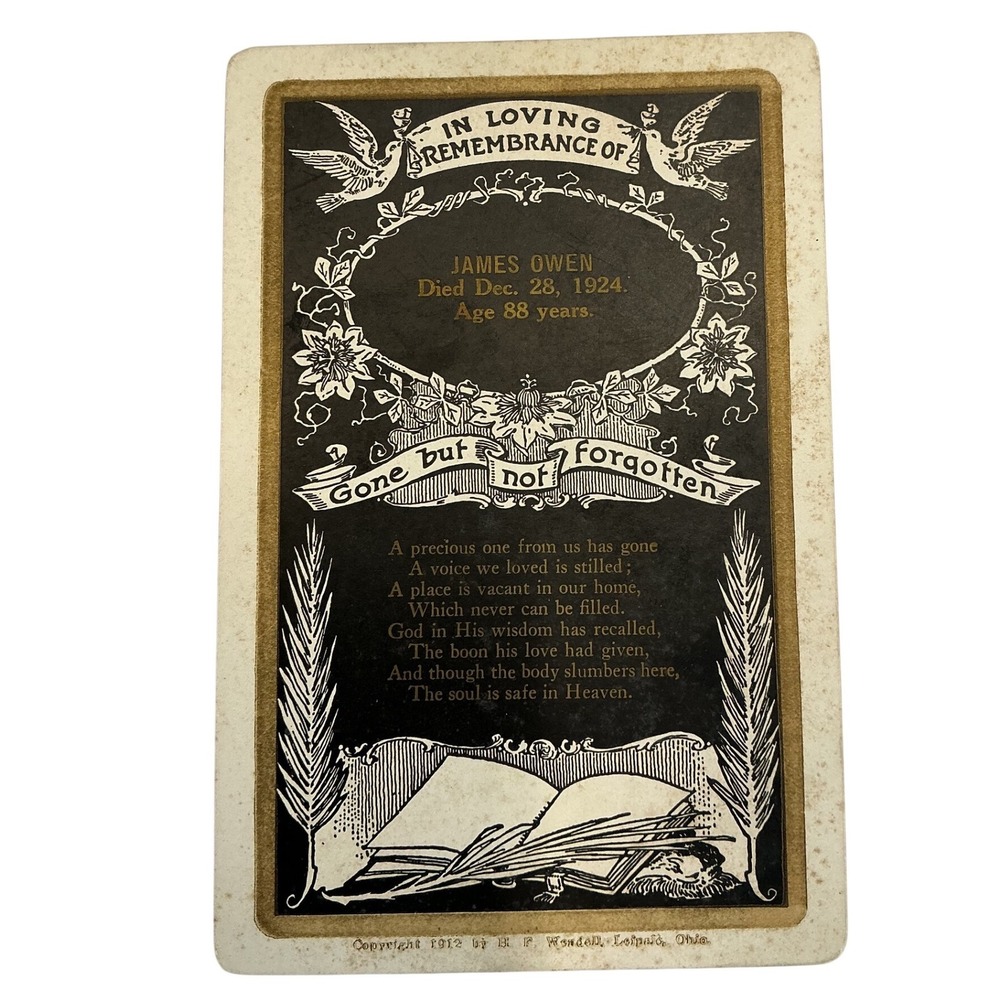Vintage 1924 James Owen Memorial‎ Card In Loving Remembrance Funeral Ephemera